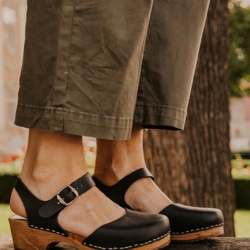 Free People MIA Sofia Mary Jane Black Leather Swedish Wooden Clogs Size 38 | 7 - Picture 2 of 10